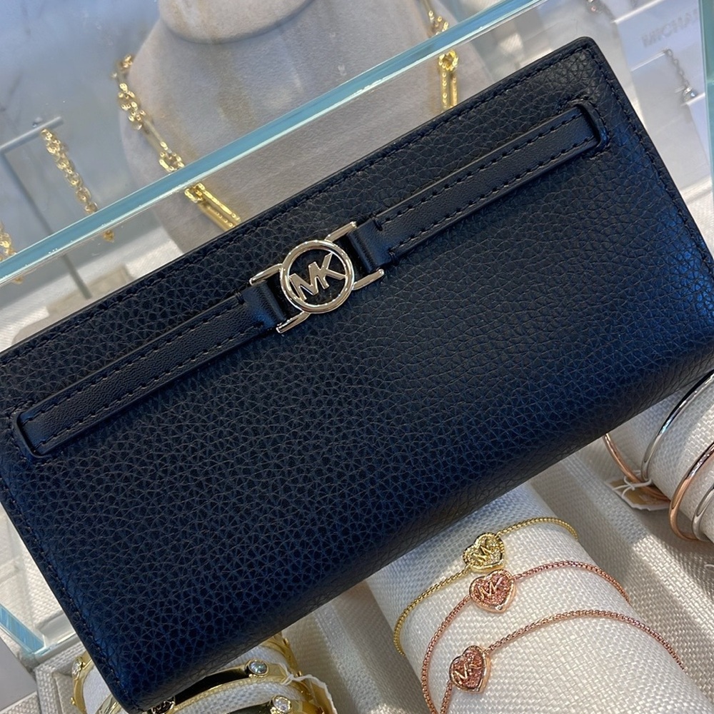 Michael Kors Reed Large Bifold Pebbled Leather Snap Wallet Card Case Black Nwt